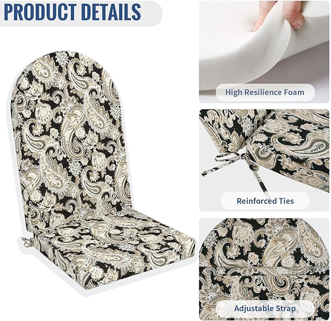 Outdoor Foam Adirondack Cushion, Water Repellent Foam Cushion for Adirondack Chairs Patio Furniture, 44 x 19 Inch, Paisley Black