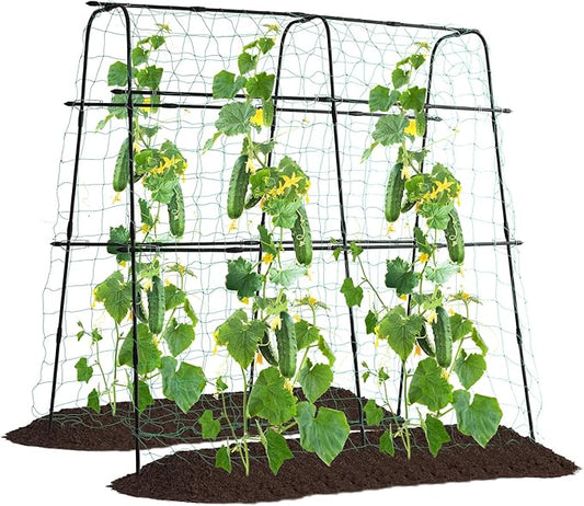 FOLLOOK Cucumber Trellis for Raised Bed, 5x5ft Metal Garden Trellis Climbing Plants Outdoor Tomato Plant Support Grape Vegetables Squash Bean Pea Cucumber Trellis, with Netting, Black