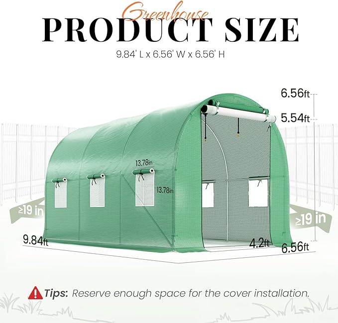 KING BIRD Premium 10x7x7 FT Greenhouse for Outdoors, Large Walk-in Heavy Duty Galvanized Steel Frame, Mesh Door Screen Window Tunnel Hoop Garden Plant Winter Hot House with Irrigation Kit, Green