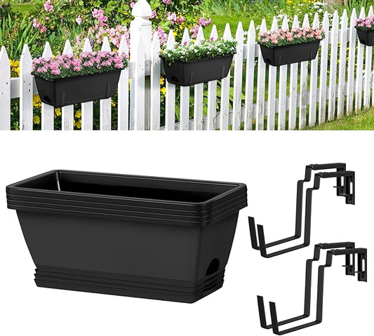 4 Pack Window Boxes Planters 17’’ Railing Planter Box with Adjustable Brackets, Deck Railing Hanging Flower Pots Rectangular Herb Planter for Outdoor Fence Garden, Balcony Decor