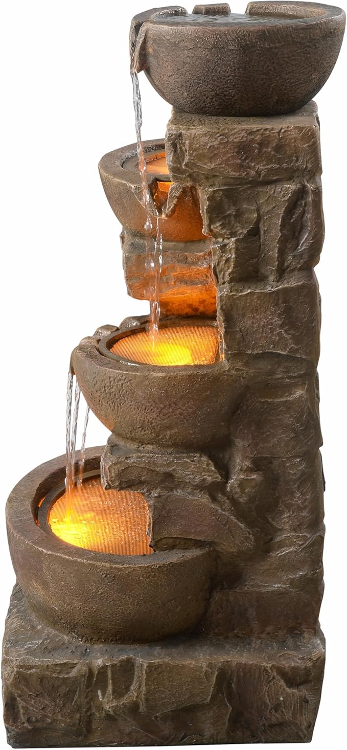 Teamson Home 33.27" Outdoor Freestanding Water Fountain with LED Lights, Cascading Bowls & Stacked Stones, Floor Fountain for Patio, Garden, Balcony, Lawn, Yard Decor, Brown Polyresin