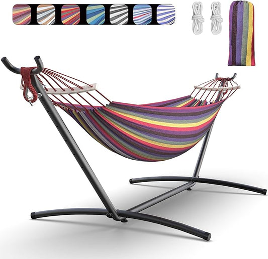 EveryFun Double Hammock with Heavy-Duty Steel Stand,Portable,Easy Assembly,600lbs Weight Capacity,Perfect for Indoor,Yard,Camping,or Outdoor-Rainbow