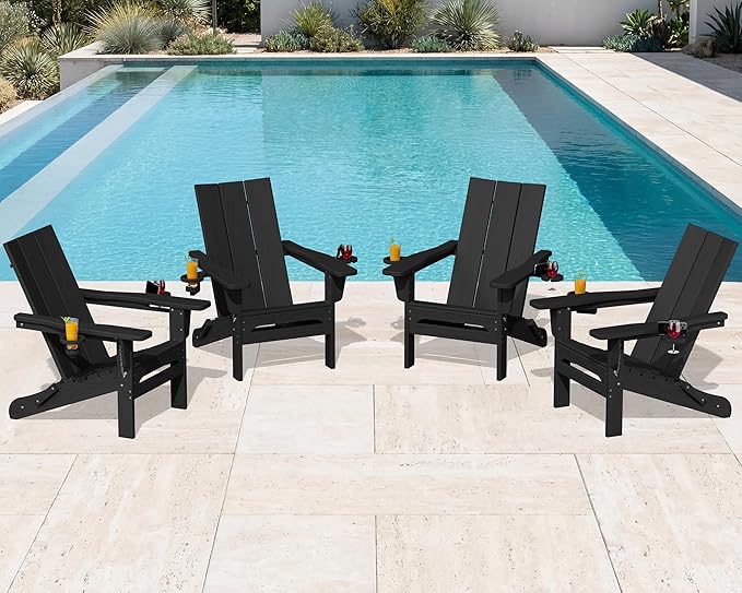 SERWALL Double Cups Adirondack Chair Set of 4, Folding Modern Adirondack Chairs, HDPE Outdoor Adirondack Chair for Patio, Black