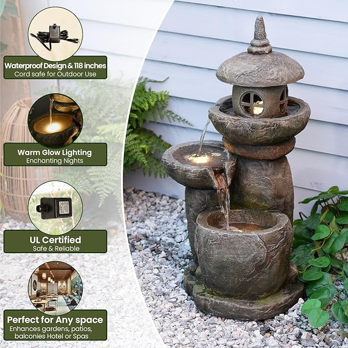 Tankana 32 inches Water Fountain Outdoor Pagoda Japaness Zen Water Fountains Garden Patio Freestanding Water Feature with LED Lights for Backyard Deck Porch Home Decor, Gray