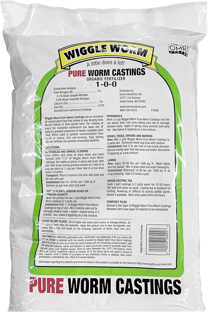 Wiggle Worm 100% Pure Organic Mineral-Dense Worm Castings Fertilizer, 15lbs - Improves Soil Fertility and Aeration for Growing Better Houseplants, Vegetables, and More