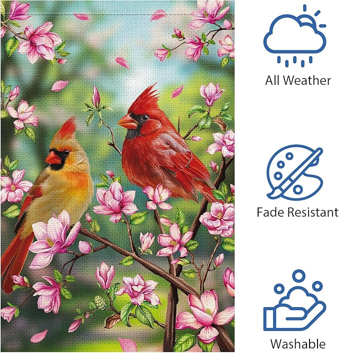 Heyfibro Spring Cardinal Garden Flag Spring Summer Magnolia Flower Garden Flags 12x18 Inch Double Sided Burlap Red Bird House Welcome Flag for Seasonal Farmhouse Yard Outdoor Decor(ONLY FLAG)