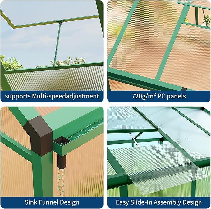 8X12 ft Greenhouse for Outdoors, Walk-in Greenhouse Kit with Aluminum Frame, Polycarbonate Panels, Adjustable Roof Vent, Sliding Door, Secure Lock for Outside Garden, Patio, Backyard