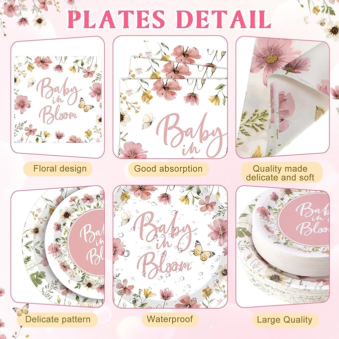 Funnymoom 400 Pcs Baby in Bloom Party Supplies for 50 Guests Pink Floral Baby Shower Paper Plates and Napkins Knives Spoon Fork Cup Disposable Wildflower Dinner Party for Spring Greenery Favor