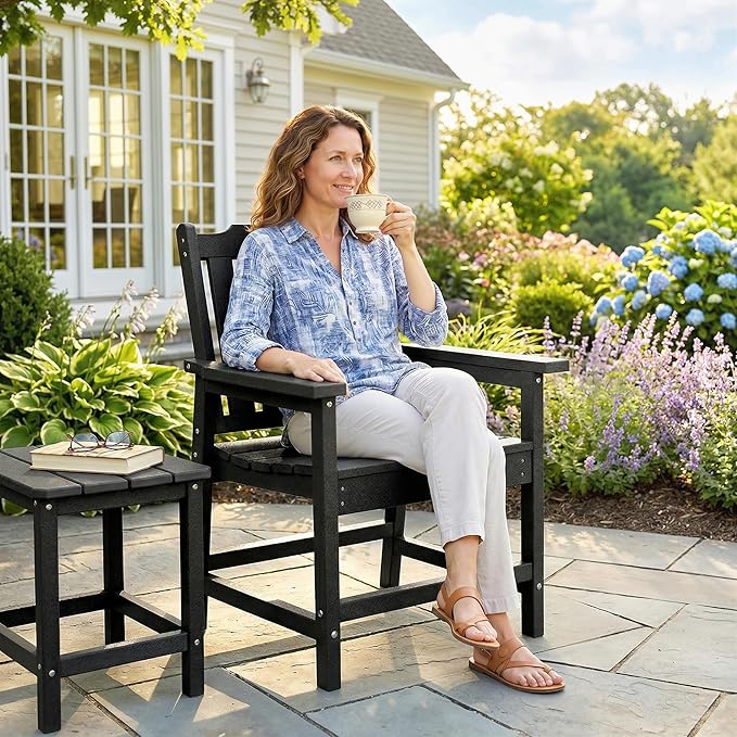 Outsunny All-Weather Patio Chair, HDPE Patio Dining Chair, Heavy Duty Wood-Like Outdoor Furniture for Garden, Backyard, Deck, Porch, Lawn, Black