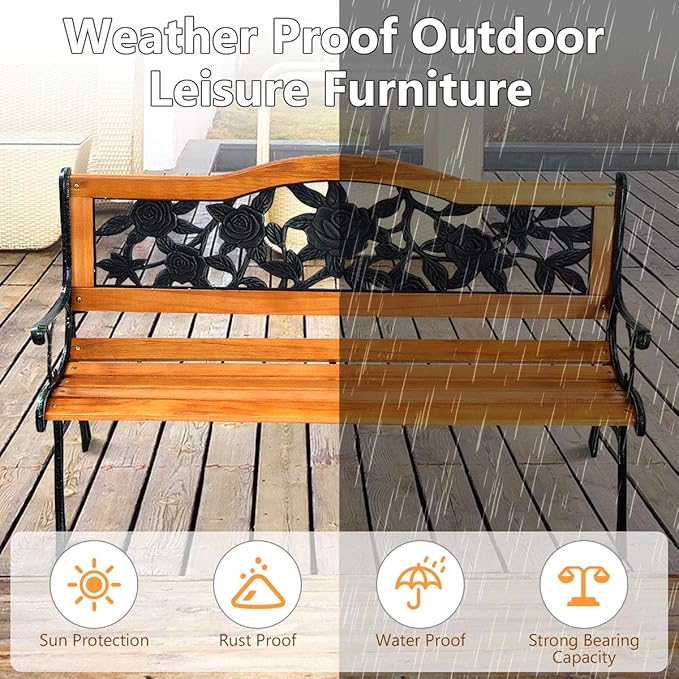 S AFSTAR Outdoor Garden Bench, Patio Bench with Large Rose Cast Backrest & Comfort Wood Seat, 470 LBS Load Capacity, Weather Proof, Durable, Easy to Assemble