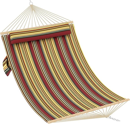 Hammocks 12 FT Double Quilted Fabric Hammock with Spreader Bar and Detachable Pillow, 2 Person Hammock for Outdoor Patio Backyard Poolside, 450lbs Weight Capacity