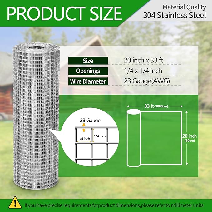 Hardware Cloth 1/4 inch 23 Gauge Small Size 304 Stainless Steel mesh Chicken Welded Wire Fencing Wire Mesh Roll Fencing Garden Fence Squirrel Tunnel Network 20in×33ft