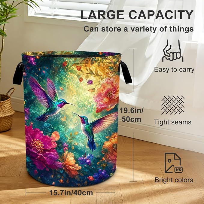 Humming Bird Laundry Basket Collapsible Oxford Laundry Hamper Clothes Storage Bin with Handles for Bedroom Bathroom Laundry Room 19.6 x 15.7 Inches