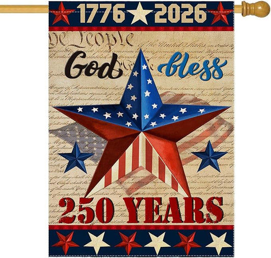 250 Anniversary USA Garden Flags for Outside, 4th of July 250th Years American Patriotic Banner, Blessing United States 12x18 Inch Double-Sided with Retro Star, 1776-2026 Yard Merchandise Decoration