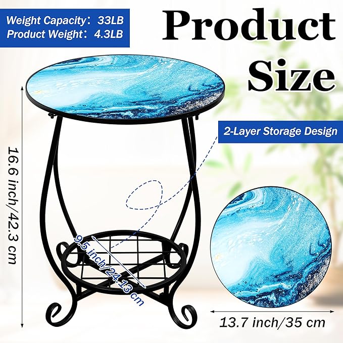 Outdoor Side Table - Double Layer Round Marble Pattern Patio Accent, 14 Inch Coffee Tea Metal Outside End Table for Yard Patio Porch Balcony Garden Indoor Living Room Bedroom Decor