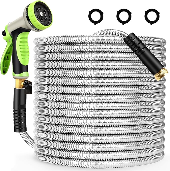 Metal Garden Hose 75 ft Stainless Steel Heavy Duty Water Hose with 10 Function Nozzles Flexible Lightweight Kink-Free Leakproof Sturdy Hoses Pipe 3/4" Brass Fitting for Outdoor Yard Lawn RV