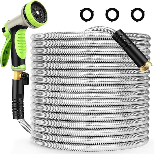 Metal Garden Hose 75 ft Stainless Steel Heavy Duty Water Hose with 10 Function Nozzles Flexible Lightweight Kink-Free Leakproof Sturdy Hoses Pipe 3/4" Brass Fitting for Outdoor Yard Lawn RV