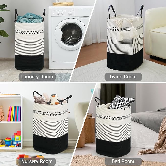 danpinera 75L Woven Laundry Hamper with Long Leather Handles, Baby Laundry Basket for Nursery, Tall Hampers for Bedroom Aesthetic, Decorative Clothes Storage Basket for Family White & Black