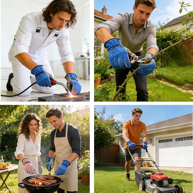 WZQH Leather Work Gloves for Men or Women. XX-Large Glove for Gardening, Tig/Mig Welding, Construction, Chainsaw, Farm, Ranch, etc. Cowhide, Cotton Lined, Utility, Firm Grip, Durable. Blue-Grey 2XL