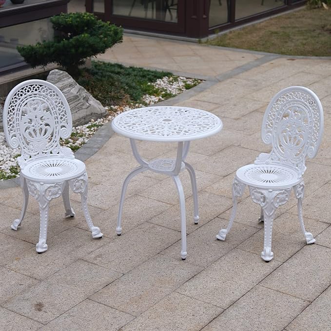 KAILI Patio Bistro Sets 3 Piece cast Aluminum Patio Furniture Outdoor Garden Metal Rust Proof Tables and Chairs White bisrto Set (Crown-White)