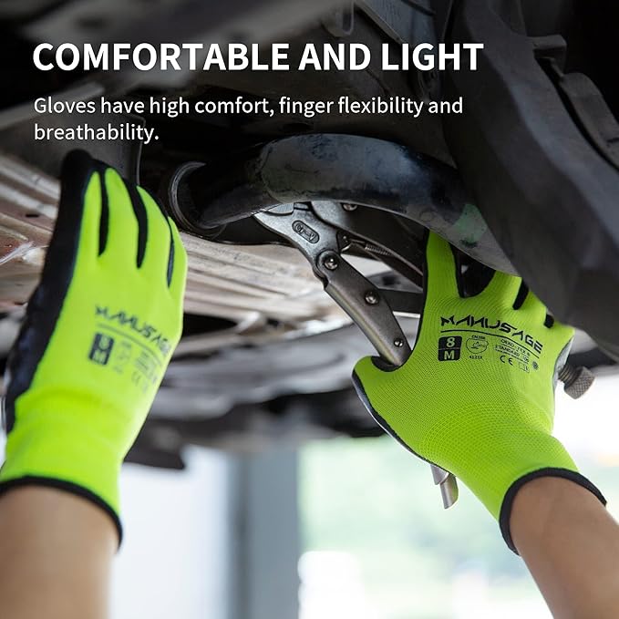 MANUSAGE Safety Work Gloves, Nitrile Work Gloves For Men and Women, Work Gloves With Touchscreen Fingers, Work Gloves men, Men's work gloves with grip,mechanics gloves (Size-XXL, Yellow, 6 Pairs)