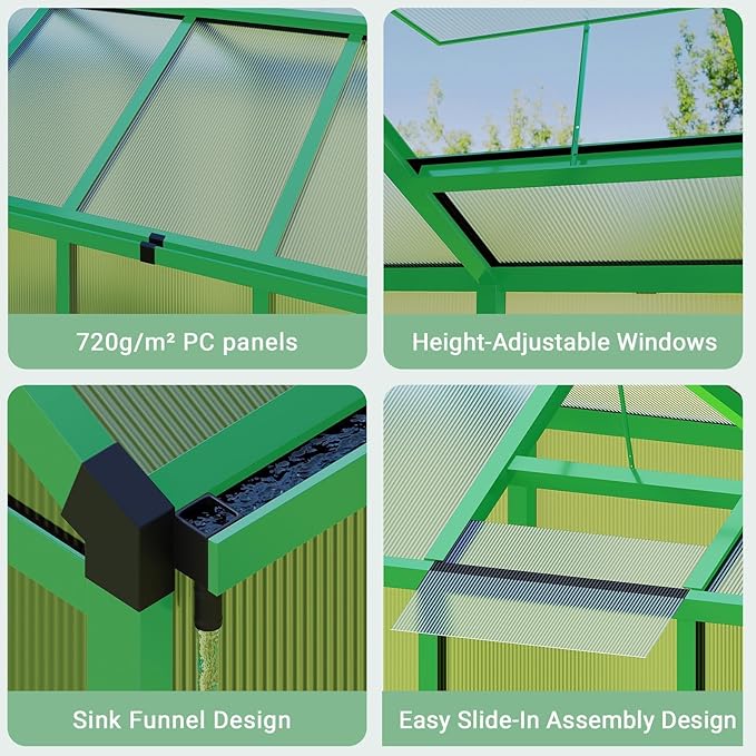 GarveeHome 6X10 FT Greenhouse for Outdoors, Walk-in Greenhouse Kit with Aluminum Frame, Polycarbonate Panels, Adjustable Roof Vent, Sliding Door, Secure Lock for Outside Garden, Patio, Backyard
