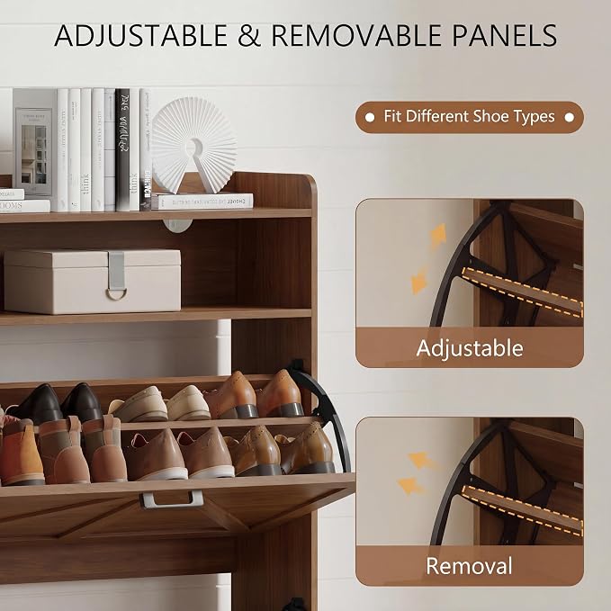 Xixini Shoe Storage Cabinet with 2 Flip Drawers, Entryway Shoe Rack, Walnut
