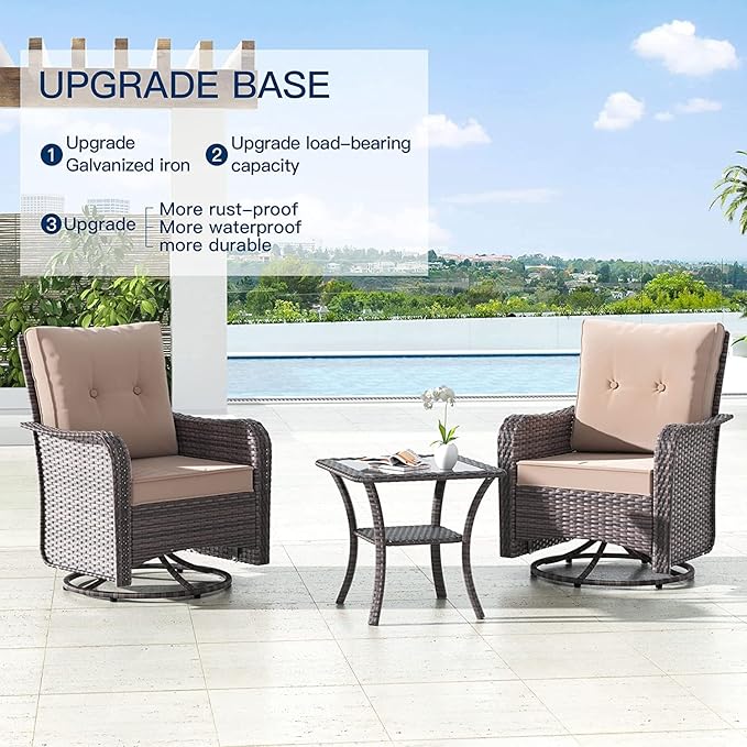 Kullavik 3 Pieces Patio Furniture Set,Outdoor Swivel Glider Rocking Chairs Set,Front Porch Furniture Patio Conversation Sets with Side Table for Balcony Deck Backyard,Sand