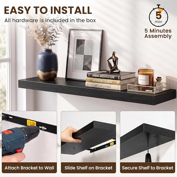 Acovy 30x8in Floating Shelves 2 Pack, Wall Mount Display Shelf, Black | Invisible Brackets, 30lb Sturdy MDF, 30in Long, Easy Install, For Bedroom, Bathroom, Living Room, Kitchen & Office