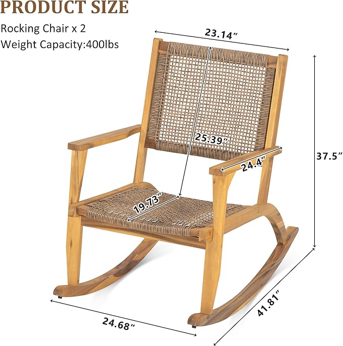Merax 2-Piece Patio Rocking Chair Set, Acacia Wood Outdoor Rockers with PE Wicker Rattan Seat & Backrest, Comfortable Garden Porch Chairs for Backyard, Balcony, Poolside