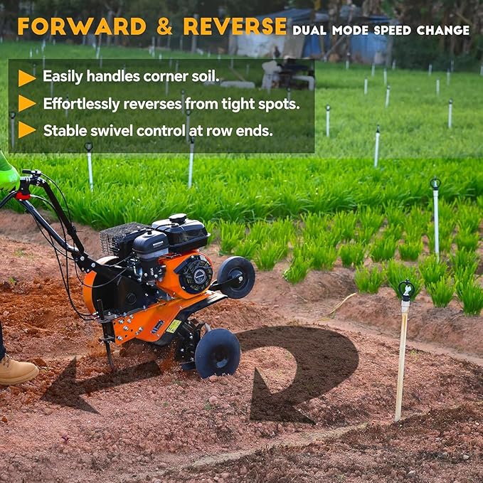 212cc 4-Cycle 7HP Gas Powered Tiller Cultivator - 22" Heavy-Duty Steel Tines Rototiller, Adjustable Wheels and Handle, Forward/Reverse for Plowing, Tilling, Weeding in Garden, Farm (Light Orange)