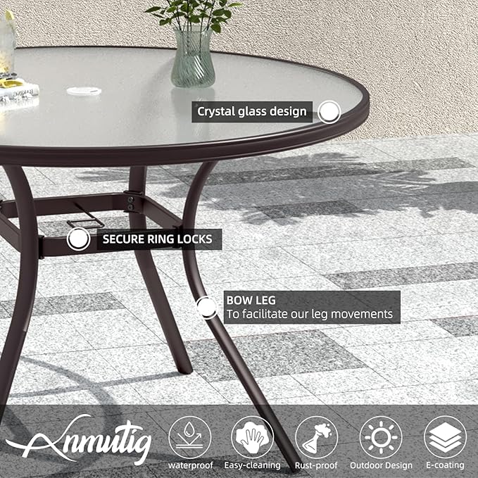 Anmutig 40" Round Glass Outdoor Patio Dining Table with Umbrella Hole - Brown Frame