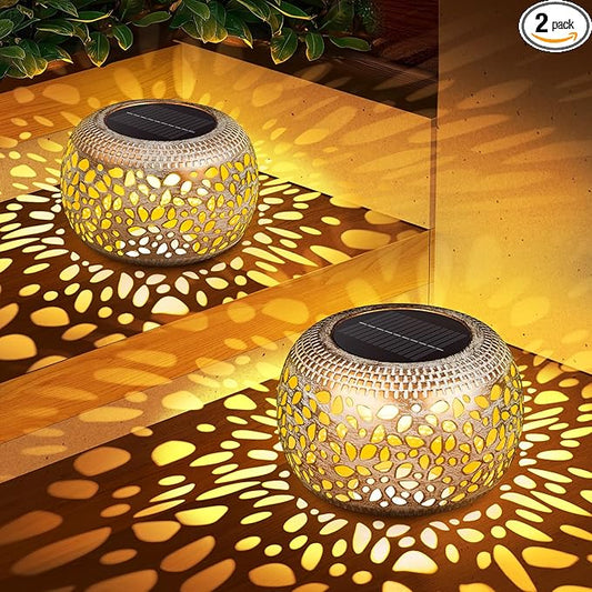 Solar Lanterns Outdoor Waterproof: 2 Pack White Gold Hollow Out Metal Solar Lights - 2 Lighting Colors Outside Patio Garden Yard Porch Tabletop Decorations - Unique Gifts for Women Mom Wife