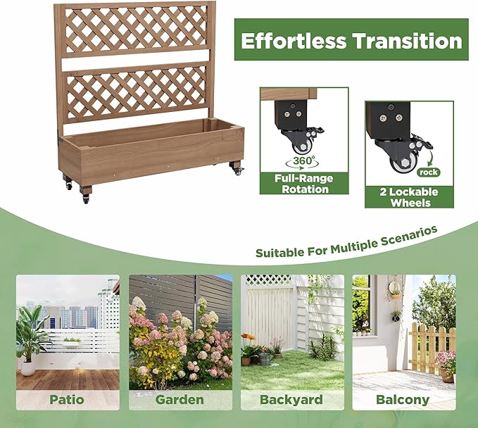 Raised Garden Bed with Wheels Outdoor, Large Garden Planter Box Tomato Flower Pots Cages with Standing Diamond Lattice Trellis for Vegetables Vines Herbs Fruits & Climbing Plants (Rhombic Grid))
