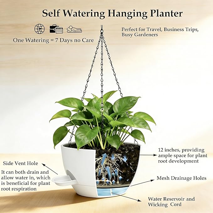 2 Pack Hanging Planters for Indoor Outdoor Plants, 12Inch Self Watering Hanging Pot with Drainage Holes and Saucer, Plastic Plant Pots, White Flower Pots for Kitchen, Balcony, Garden