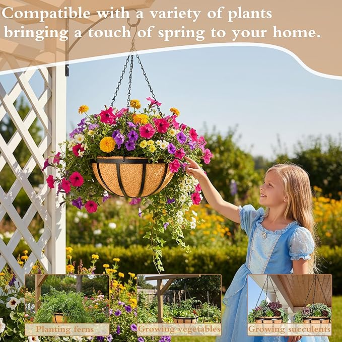 4 Pack 12" Round Metal Hanging Basket for Outdoor Plants Durable Large Hanging Planter with Coco Coir Round Plant Holders Planter for Outside Garden Decoration (Flat Iron)