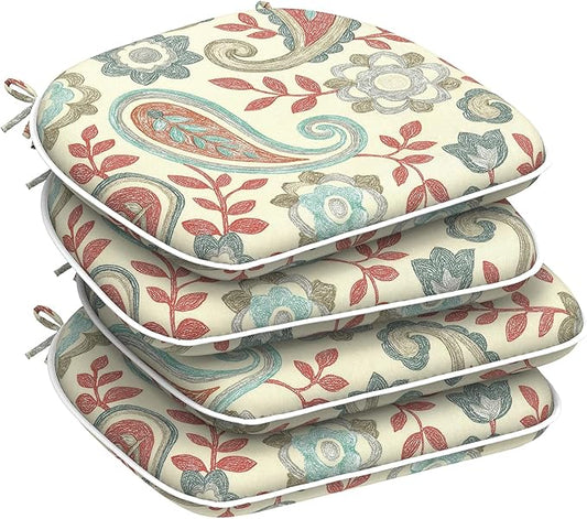 DYTXIII Set of 4 Outdoor Chair Cushions with Ties,Water Repellent Patio Chair Pads 17"x 16" for Outdoor Furniture,Round Corner Seat Cushions for Garden Yard Kitchen Paisley Vintage