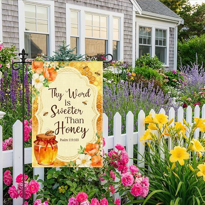 Thy Word is Sweeter Than Honey Psalm 119:103 Garden Flag, 12 x 18 Inch Double Sided Honey Bee Floral Outdoor Yard Decor, Religious Bible Verse Sign for Christian Friend Homeowner Beekeeper