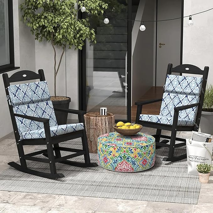 DYTXIII Outdoor High Back Chair Cushions Set of 2, 44"x22" Water Repellent Patio Seat Cushions with Elastic Sponge, All Weather Chair Pads for Rocking, Dining Chairs,Patio Furniture - Geometry Blue