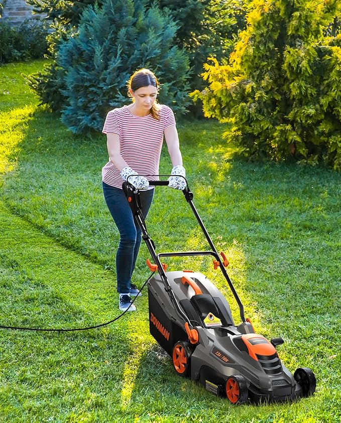 DOVAMAN 13Amp LA16M Lawn Mower, 16" Blade, 5-Position Height Adjustment, 3-Step Quick Vertical Fold Storage, 2-in-1 Mulching & Bagging, 98% Collection, Corded Lawn Mower for Your Garden