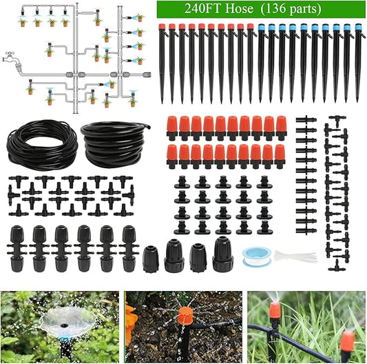 Maotong 240FT Drip Irrigation System Kit, Automatic Garden Watering Misting System for Greenhouse, Yard, Lawn, Plant with 1/2 inch Hose 1/4 inch Distribution Tubing and Accessories