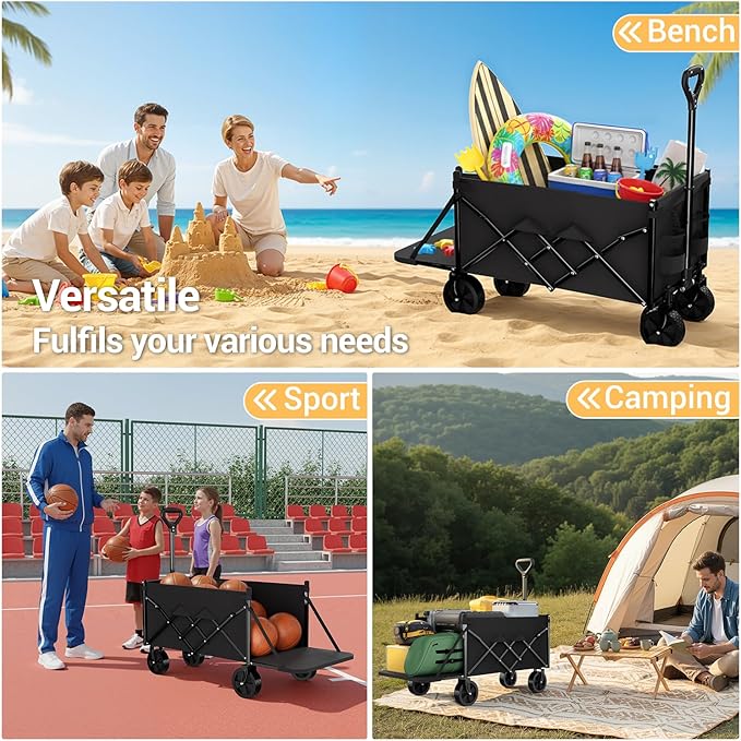 Lightweight Folding Wagon with Extended Tailgate, Large Capacity Collapsible Grocery Cart, Heavy Duty Foldable Shopping Carts, All-Terrain Outdoor Utility Carts for Camping, Sports, Garden, 4.5 Cu Ft