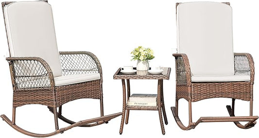 Greesum 3 Piece Outdoor Wicker Rocking Chairs Patio Furniture Set with Glass Coffee Table for Garden Backyard Porch Poolside, Beige