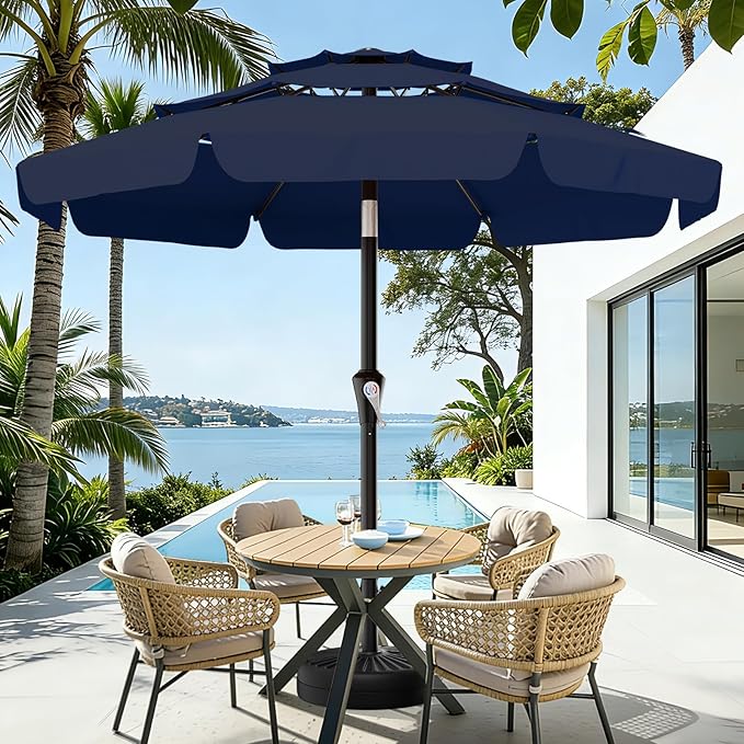 AreShark 10FT 3-Tiers Patio Umbrella with Valance, Outdoor Umbrellas with Crank/Tilt, Table Market Umbrella Vented w/ 8 Sturdy Ribs for Garden, Deck, Backyard, and Pool, Navy
