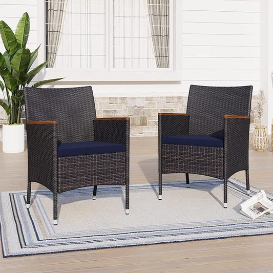 Sophia & William Rattan Patio Chairs Set of 2, 2 Pcs Wicker Outdoor Dining Chairs with Seat Cushions & Wood Armrest