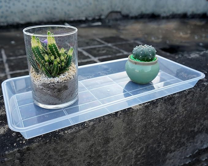 VUWEZ 2 Pack Plastic Plant Saucer, Rectangular, Indoors Outdoor, Water Drip Tray for Flower Pot, Windowsill (5.5 x 10 Inch, Clear)