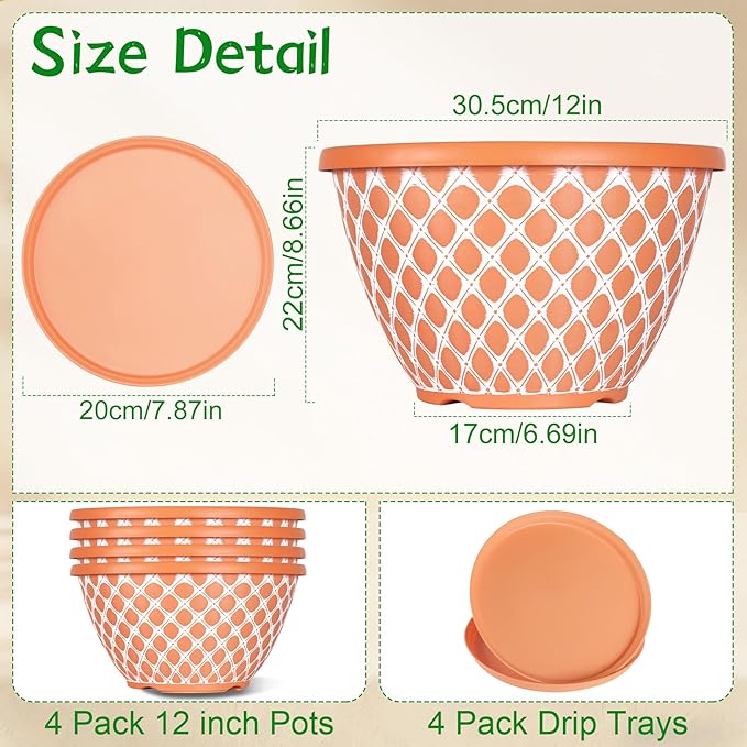 Nooulap 4 Pack 12 Inch Pots for Plants, Durable Large Plant Pot, All-Weather Flower Pot for Indoor Outdoor Patio Yard, Garden Planters for Houseplants Shrubs with Drainage