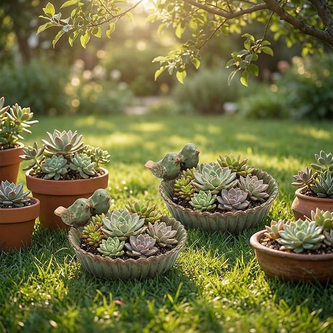 2 Pack 6.3 Inch Birds Special Design Fun Garden Flower Ceramic Planter Birds Feeder Succulent Pot Flowerpot or Feeder Bird Food Holder for Garden Outside Decor for Outdoor Gifts