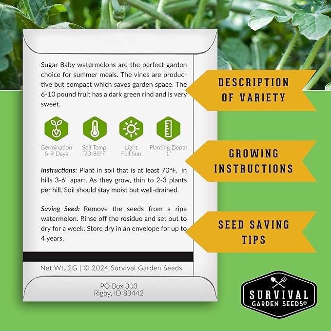 Sugar Baby Watermelon Seeds - Grow Little Round Icebox Watermelons at Home - Non-GMO Heirloom Variety for Planting - Survival Garden Seeds (2 Pack)
