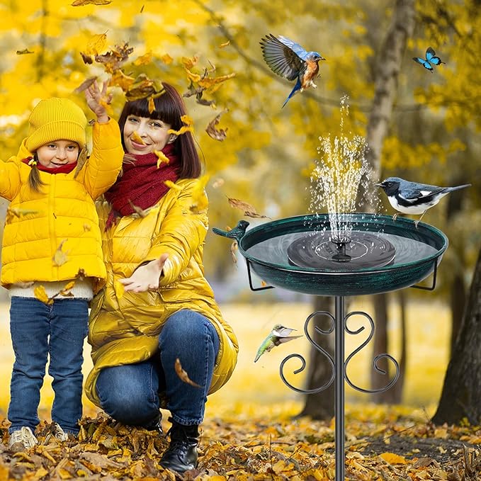 Metal Bird Bath for Outdoors, Vintage Freestanding Birdbaths with Bird Statue 12" Detachable Birdfeeder Bowl with 5- Pronged Base for Outside Garden Patio Yard Lawn Decor (Vintage Green)
